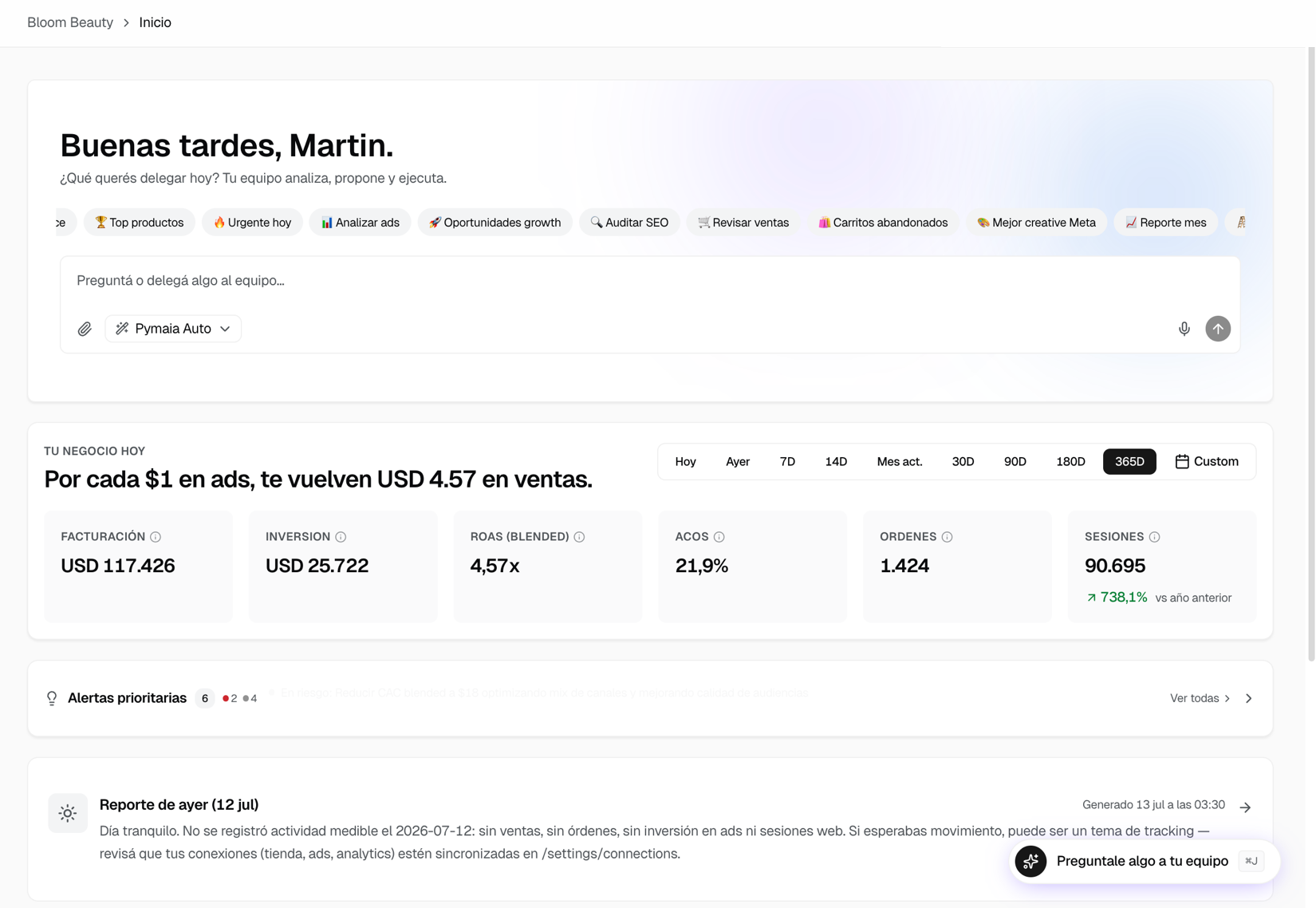 Dashboard de Pymaia mostrando resumen de marketing